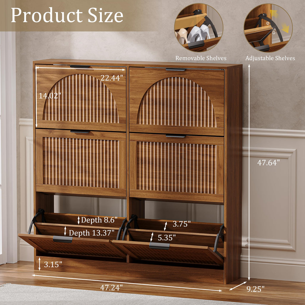Fluted Shoe Storage Cabinet, 6 Flip Drawers, Walnut
