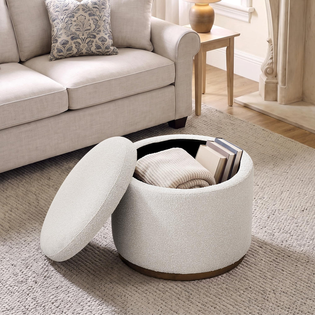 Round Storage Ottoman, 20" Boucle Ottoman Foot Rest Stool(Beige)