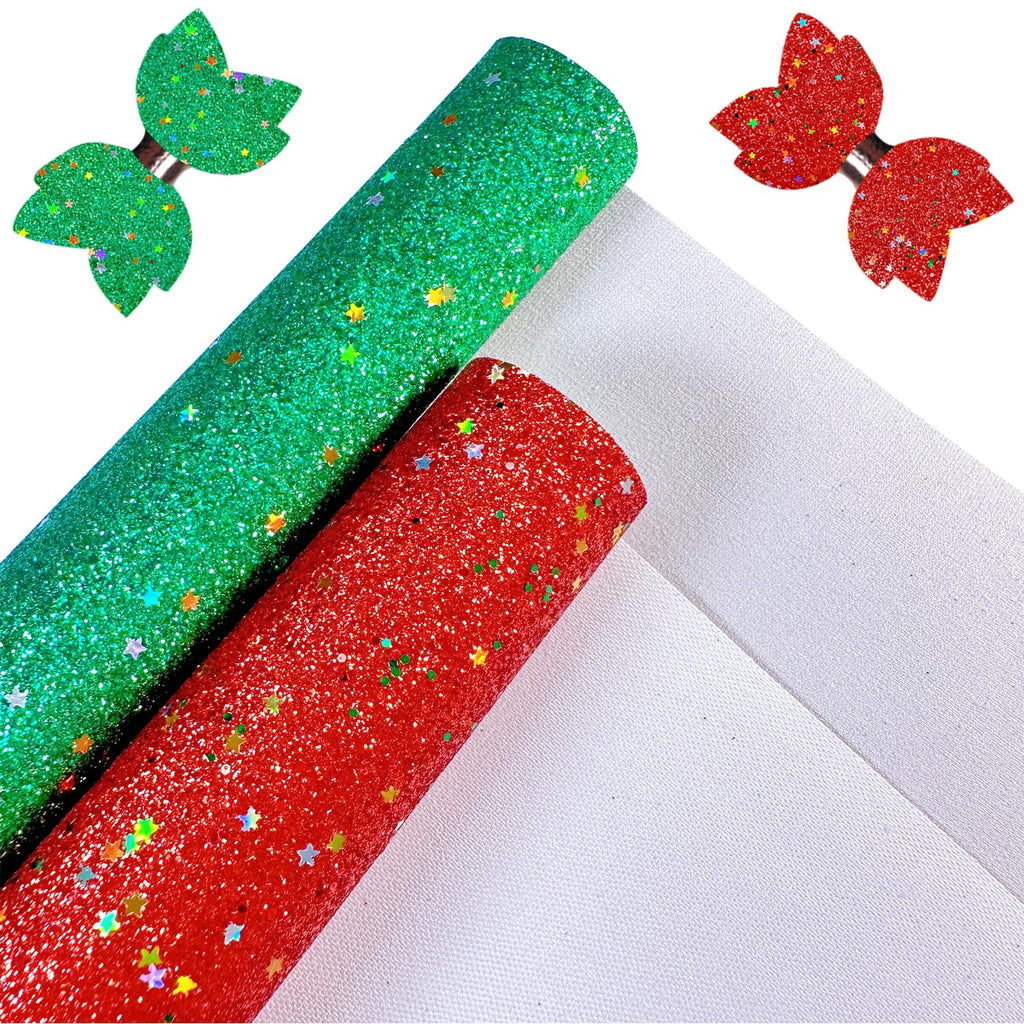 Christmas Snowflake Printed Faux Leather Sheets 8 x 12 Inch, Shiny Fine Glitter Fabric for Bows, Crafts, Earrings