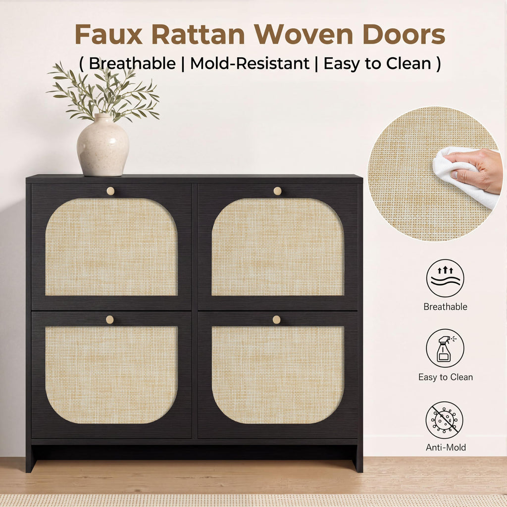 Rattan Shoe Cabinet, 9.5" Ultra-Thin Narrow Shoe Rack with 4 Flip Drawers, Boho Slim Shoe Storage Organizer with