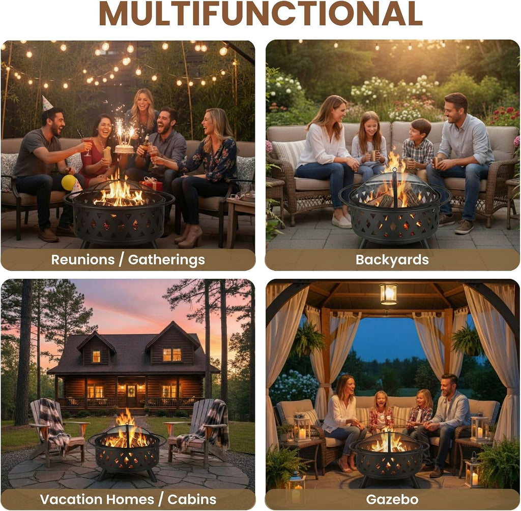 Fire Pit - 32-Inch Outdoor Wood Burning Firepit with Screen, Poker, and Cover - Outdoor Fire Pits