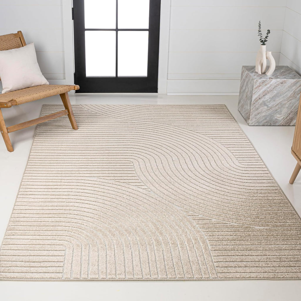 Hallie High-Low Curve Beige/Cream 8x10 Indoor/Outdoor Area Rug, Minimalist, Japandi, Geometric, Pet Friendly