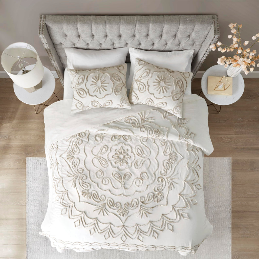 Violette Lightweight 100% Cotton Quilt Set, Breathable Chenille Tufted, Shabby Chic Boho Medallion Design, Sham