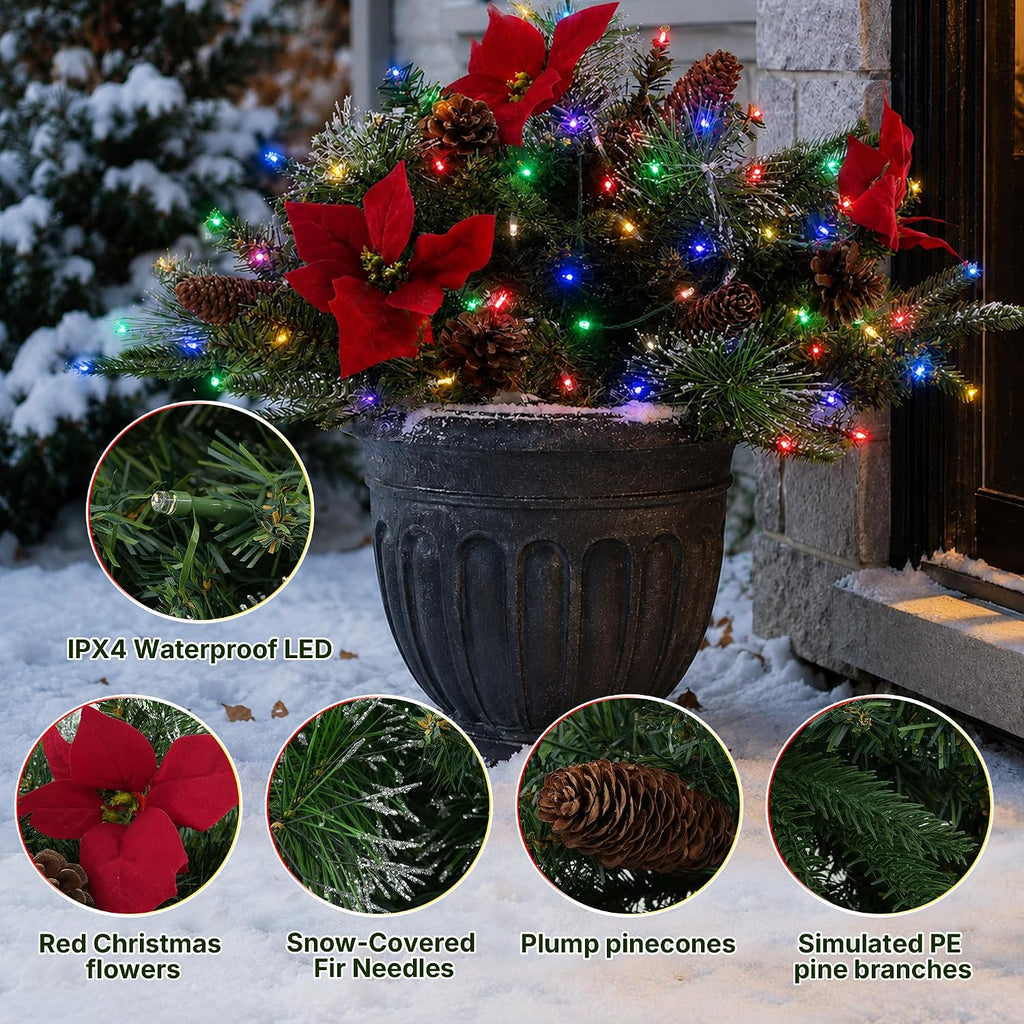 Christmas Tree Urn Filler, Battery Operated with Timer, Pre-lit Dual-Color Changing LED Lights, 2 Pack 24 Inch