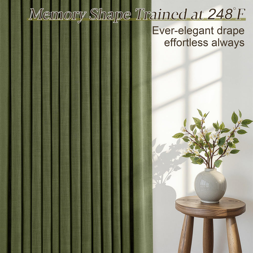 108 Inches Long Pinch Pleat Linen Curtains Semi Sheer 2 Panels Olive Green