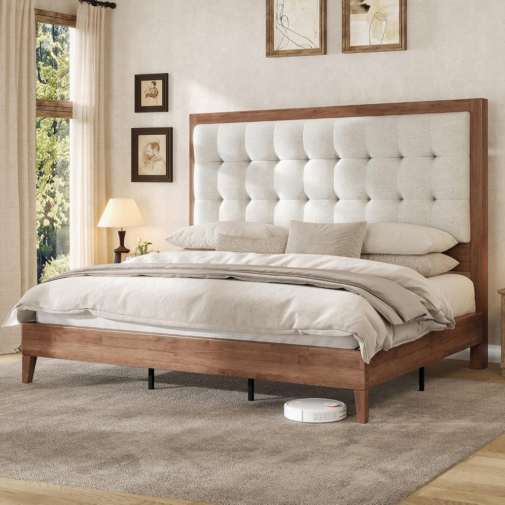 Queen Bed Frame with Headboard, Solid Wooden Bed Frame Queen Platform Bed Mid-Century Style, No Box Spring Required