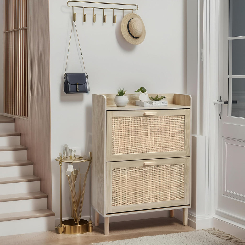 Extended Edition Shoe Cabinet with Natural Rattan Flip Drawers, Free Standing 2 Tier Slim Shoe Organizer with Large