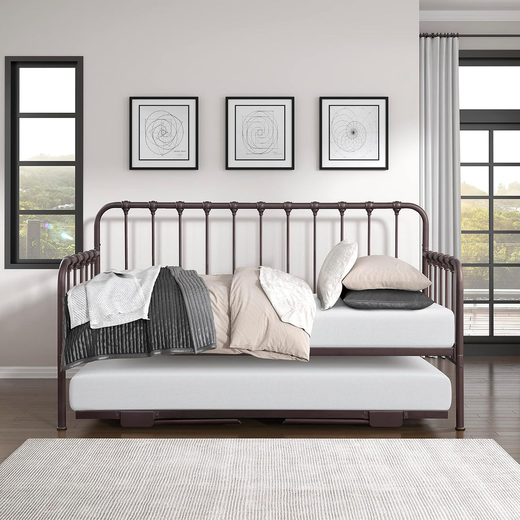 Metal Daybed with Trundle Mattress Foundation with Steel Slat Support, Easy Assembly, Twin Size, Multi-Functional