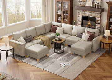 Faux Leather Sectional Sofa, 7 Seater V-Shaped Couch, Greige