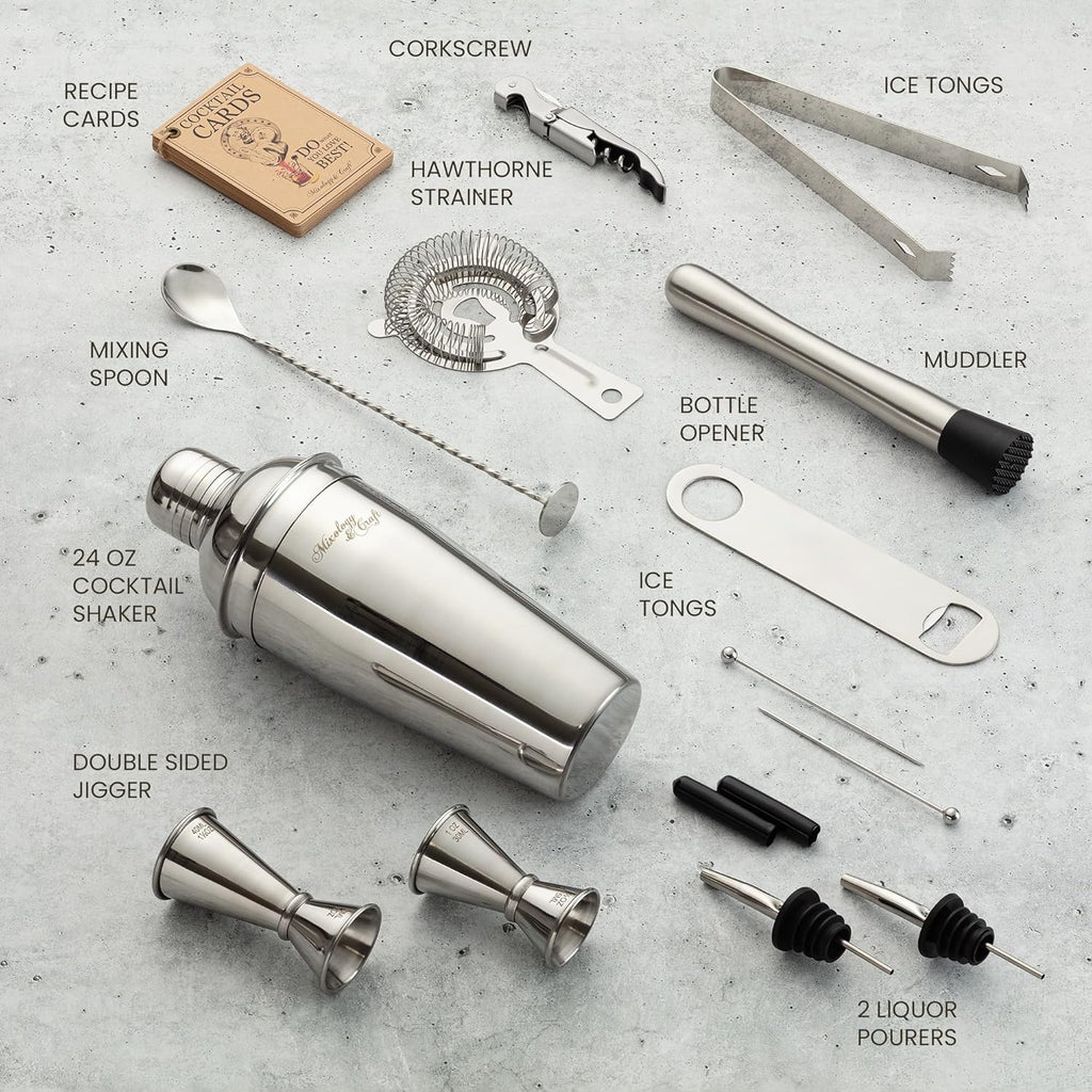 All-in-One Stainless Steel Cocktail Shaker Kit with 24 oz Cobbler Shaker, Includes Strainer, Muddler, Spoon, Jiggers