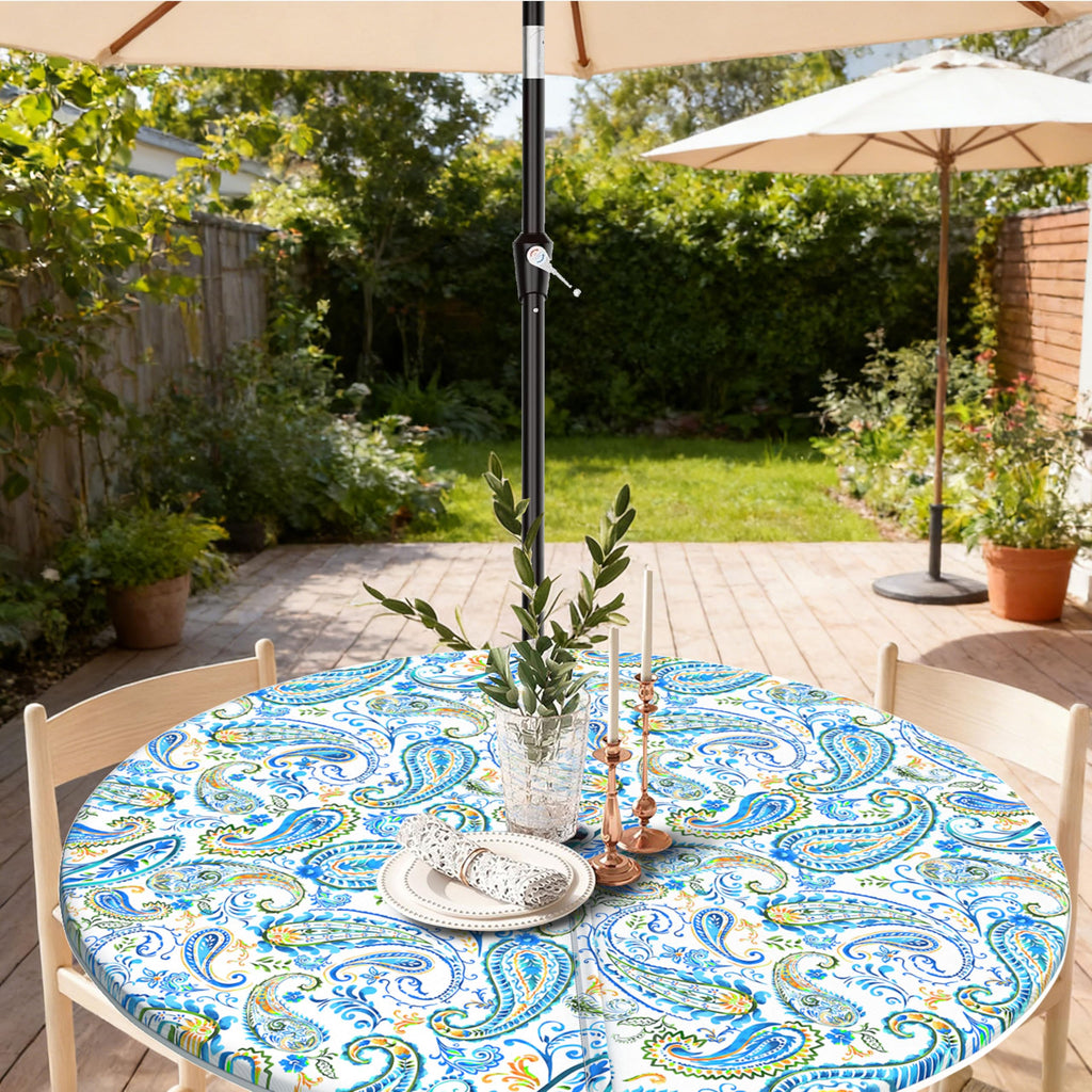 Outdoor Tablecloth with Umbrella Hole and Zipper, Round Fitted Patio Table Covers for Spring/Summer, Machine Washable