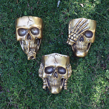 Skull Wall Planters Set of 3 - Hanging Skull Plant Pots for Indoor Outdoor Decor, Gold Gothic Wall Plant Pot with