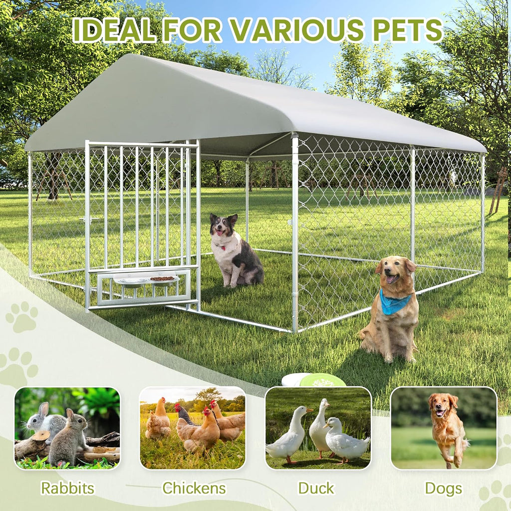 10FT x 10FT Outdoor Dog Kennel with Roof, Outside Dog Run Fence with Rotated Dog Bowls, Large Dog House Pen Enclosure