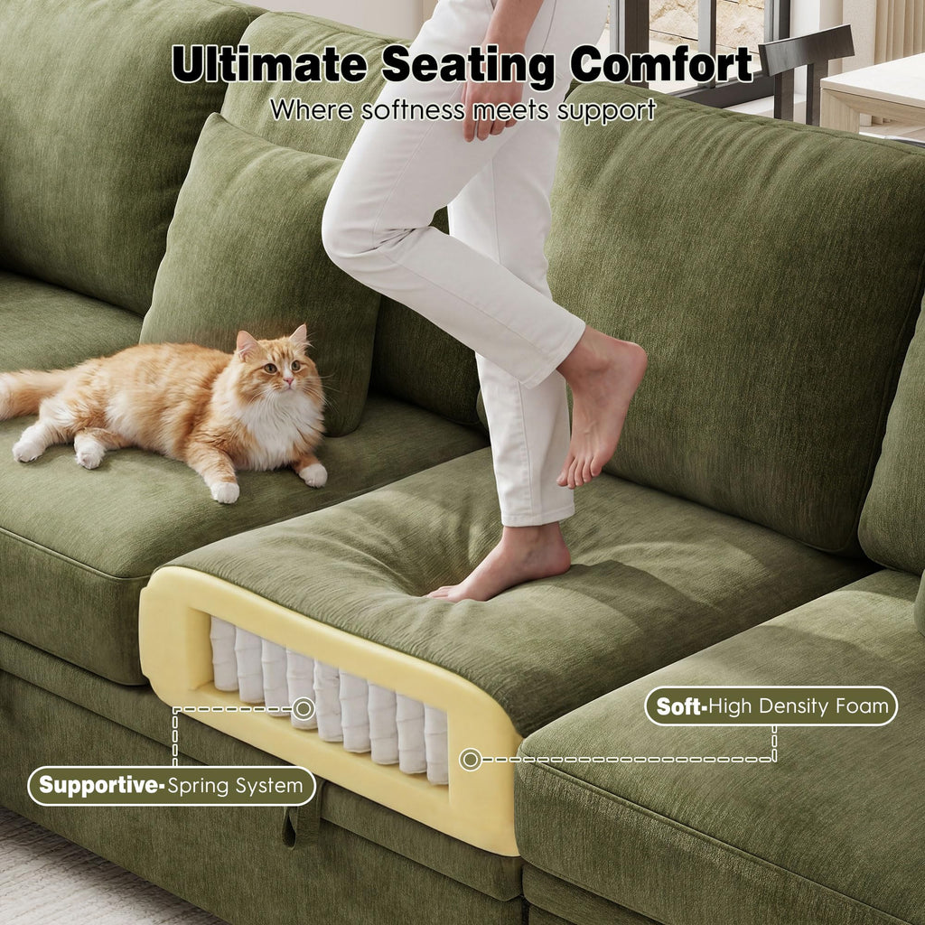108" Modular Sectional Sofa with Pull Out Bed, 7-Seater L Shaped Sectional Sleeper Couch with Storage, Chenille