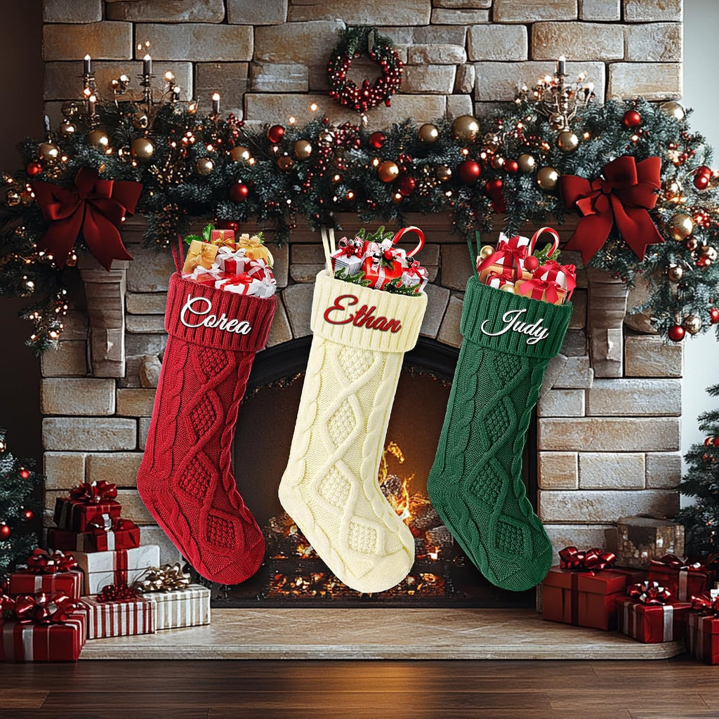 Christmas Stockings with Names, 18" Large Knitted Xmas Stocking for Family Kids, Fireplace Hanging Holiday - Set of 3