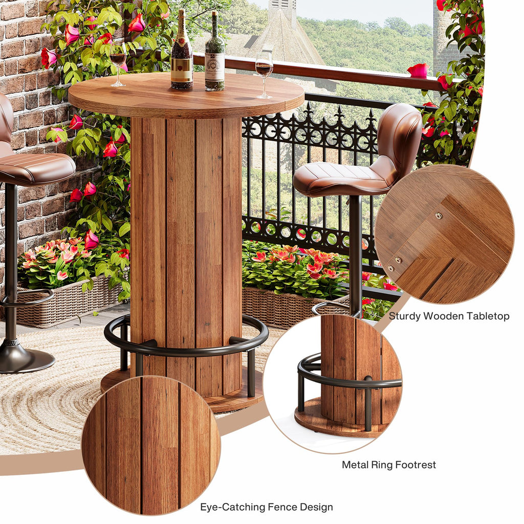 Round Bar Table, 39.4" H Wood Bistro Pub Table with Metal Ring Footrest for Dining Coffee Cocktail Living Room, Small