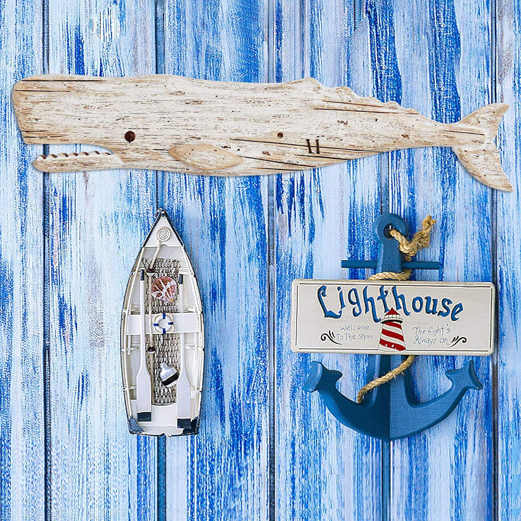Hanging Wooden Whale Wall Art Ornament, Rustic Decorative Figurine Carving Sculpture, Nautical Ocean Beach Coastal