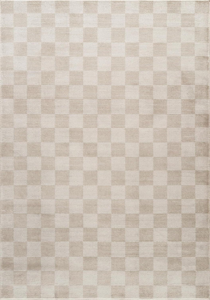 Plush Deco Collection Cream Area Rug - Checkered Pattern, Machine Washable, Non-Shedding, Easy to Clean