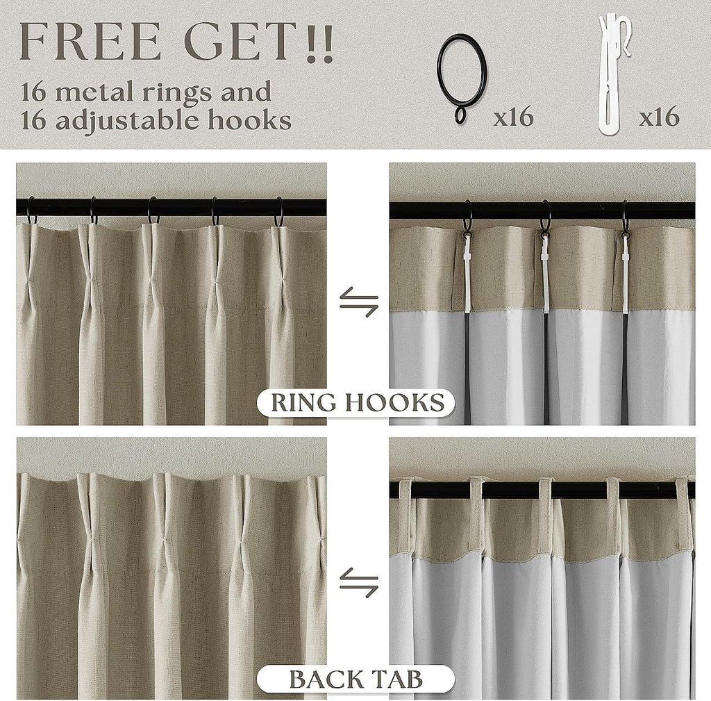 Neutral Pinch Pleat Linen Blackout Curtains 108 Inches Long 2 Panel Set for Living Room Back Tab Pleated Drapes Room