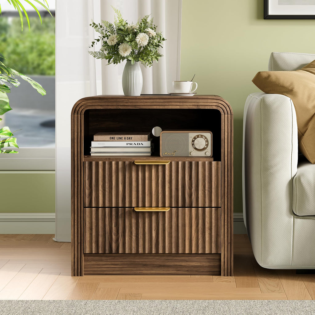 Fluted Nightstand with Charging Station, 2 Drawers, Walnut
