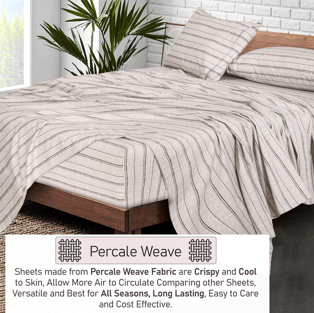 100% Cotton Percale King Sheets, King Size Sheet Set, Brown Stripes