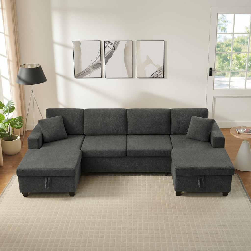 U-Shaped Sectional Sofa with Pull Out Bed & Storages, Dark Grey