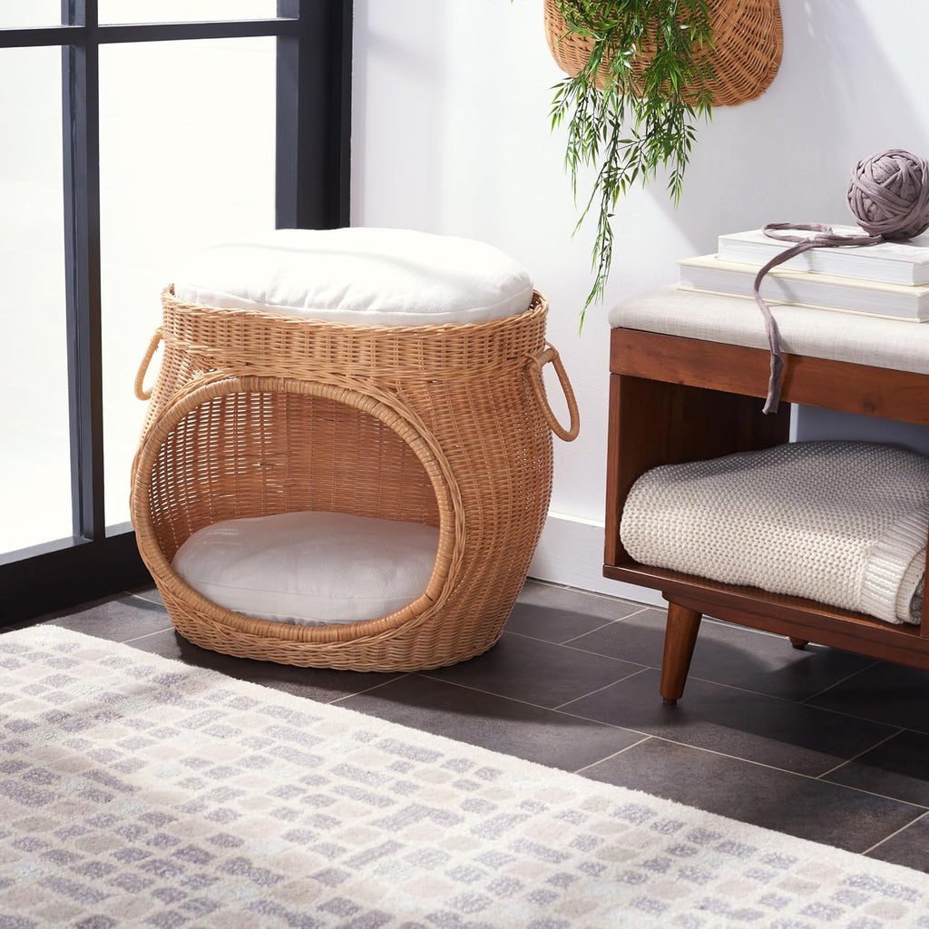 Coastal Rattan Cat Bed, 20.1" White/Honey Natural