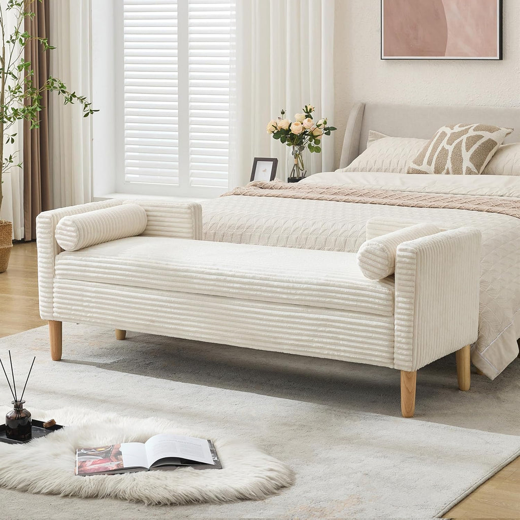 Corduroy Bed End Ottoman Bench with Storage,Upholstered Storage Benches with Back and Arms,65.35" Long Armed Storage