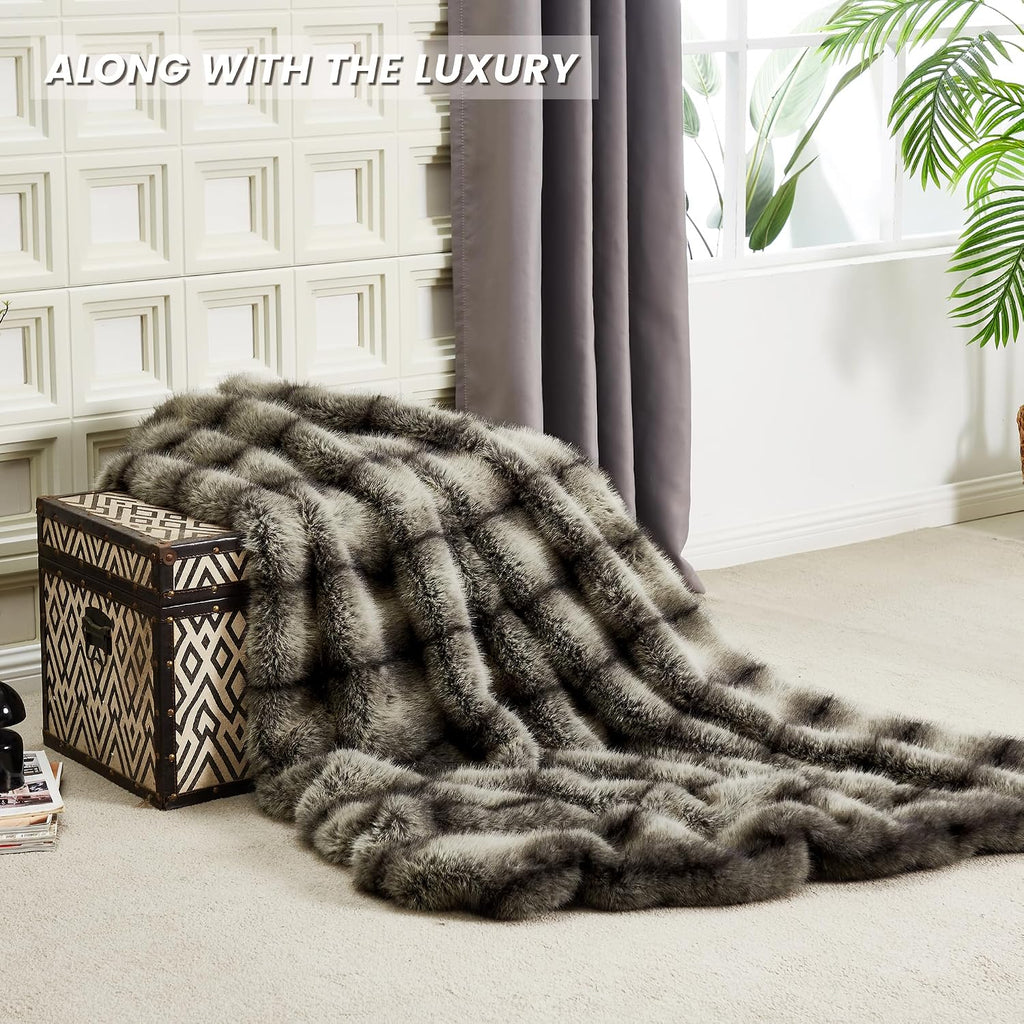 Premium Luxury Fuzzy Animal Skin Faux Fur Throw Blanket 50" x 60", High-end Reversible Cozy Thick Wolf Fluffy Fox