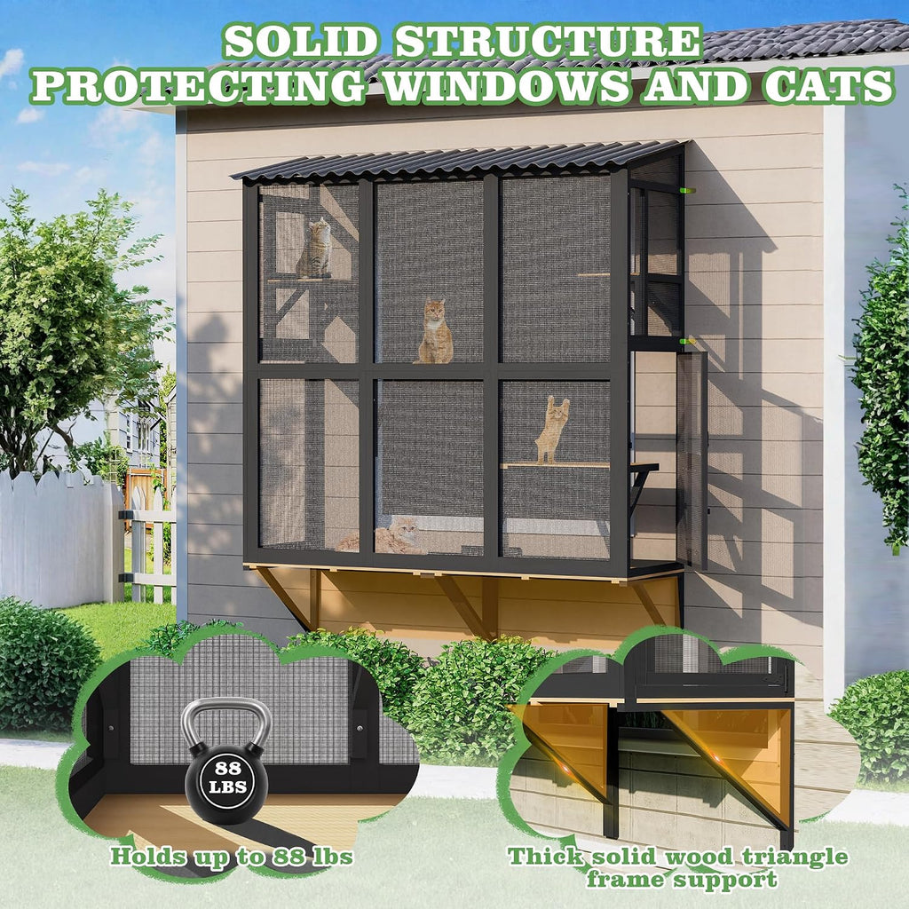 Outdoor Cat Window Perch, Catio Cat Enclosure with All-Weather Roof
