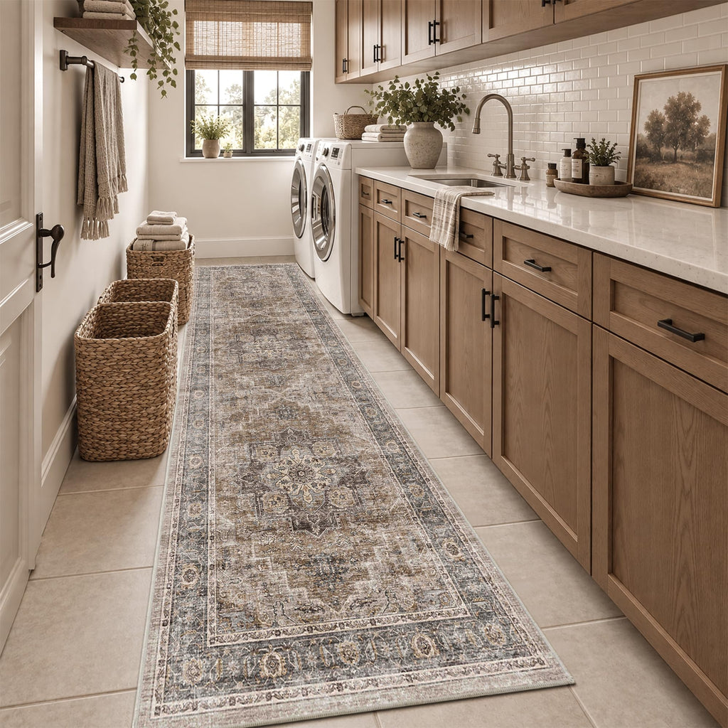 3x10 Vintage Runner Rug Low Pile Non-Slip Washable Hallway Rug