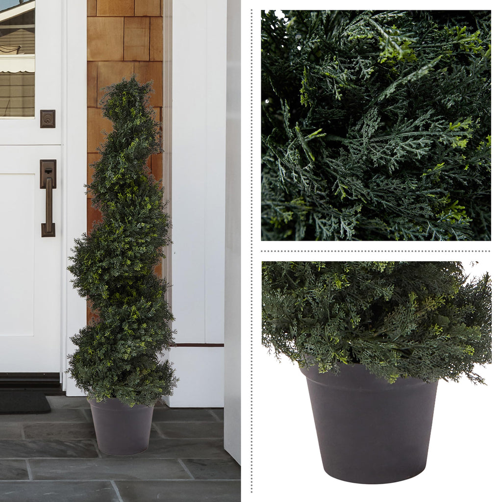 Set of 2 Artificial Trees - 4FT Spiral Cypress Topiaries with Pots - UV-Protected Indoor or Outdoor Fake Plants or