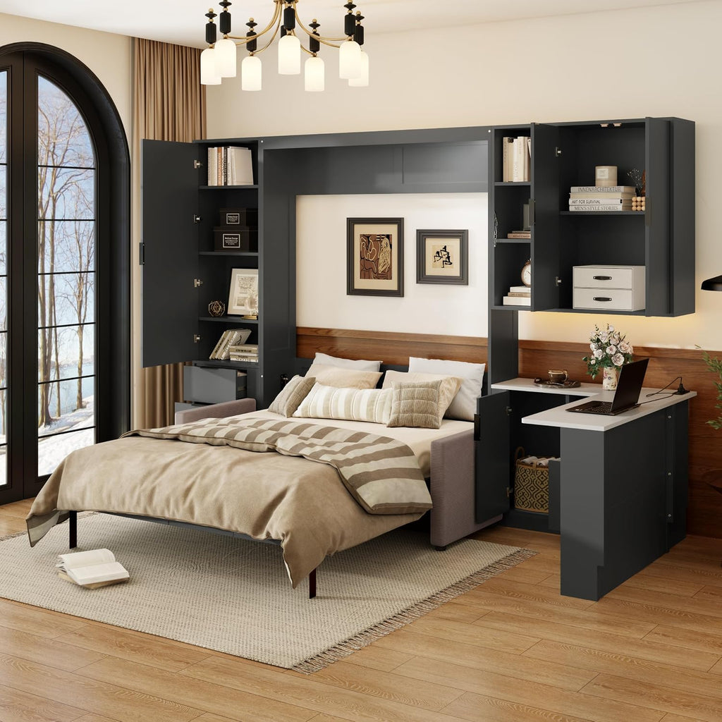 Queen Murphy Bed with Hydraulic System and L-Shaped Office Desk, Multifunctional Foldable Wall Bed Frame with Storage