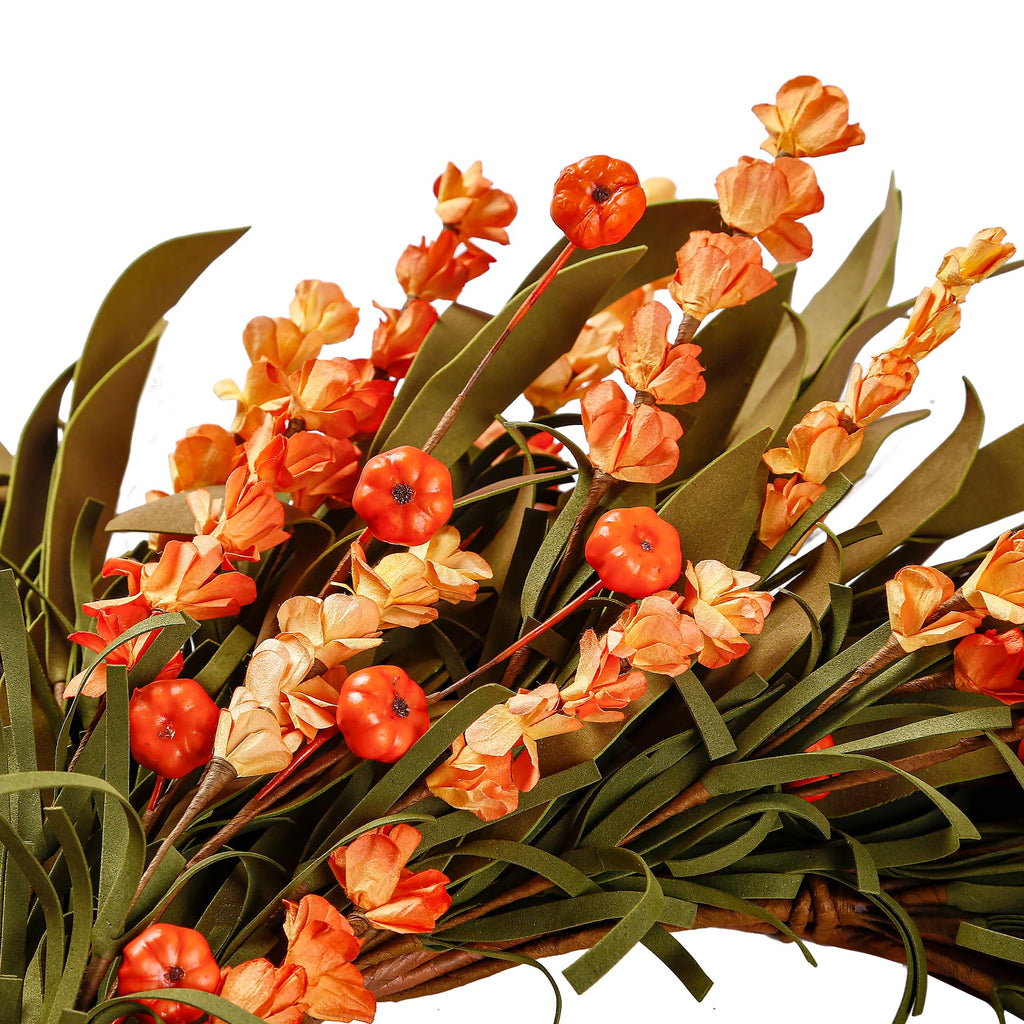 Artificial Fall Wreath - 22'' Autumn Front Door Wreath with Harvest Foam Leaves, Small Pumpkins for Outside, Indoor