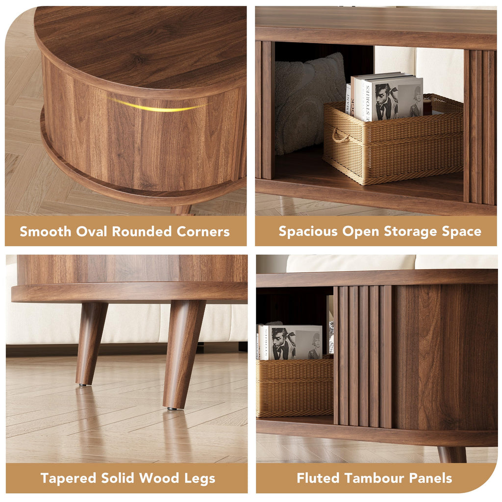 47.2" Oval Fluted Coffee Table with Storage, Fluted Mid-Century, Walnut