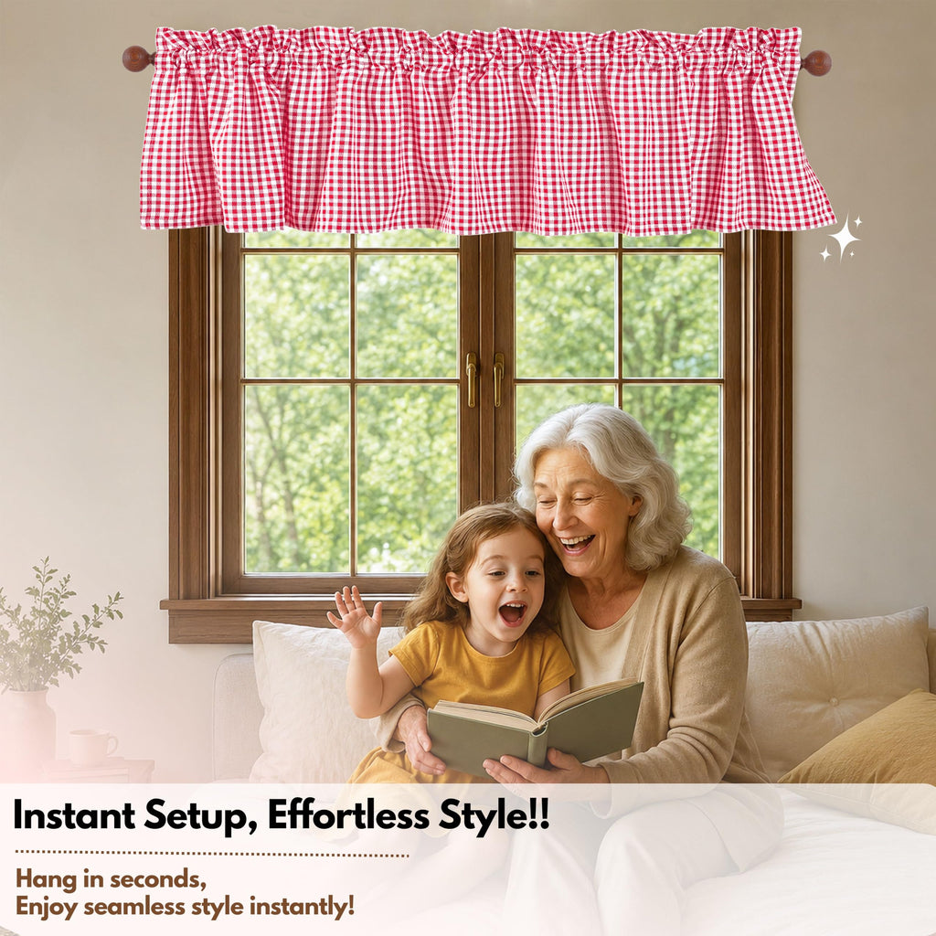 Gingham Check 2 Pack Kitchen Valance Set - Rod Pocket - Semi Sheer - Small Window Curtain, Bedroom, Living Room