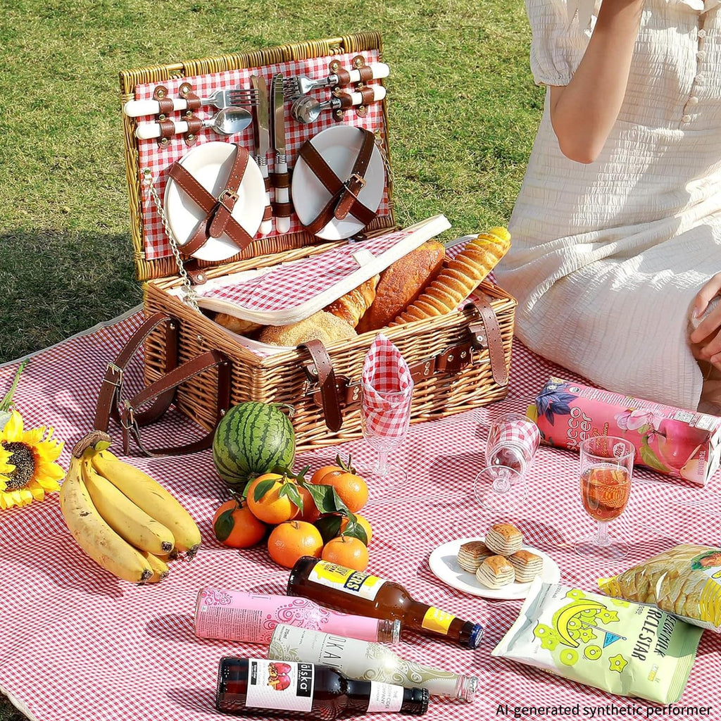 Red Plaid Wicker Picnic Basket for 4 with Waterproof Blanket