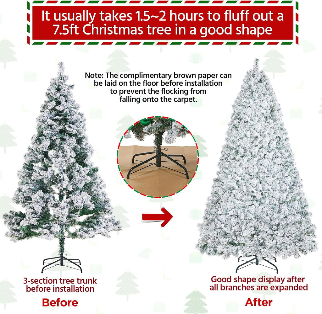 7.5ft Pre-lit Spruce Artificial Christmas Tree Snow Flocked Hinges Tree with 550 Multicolor LED Lights & 1284 Branch