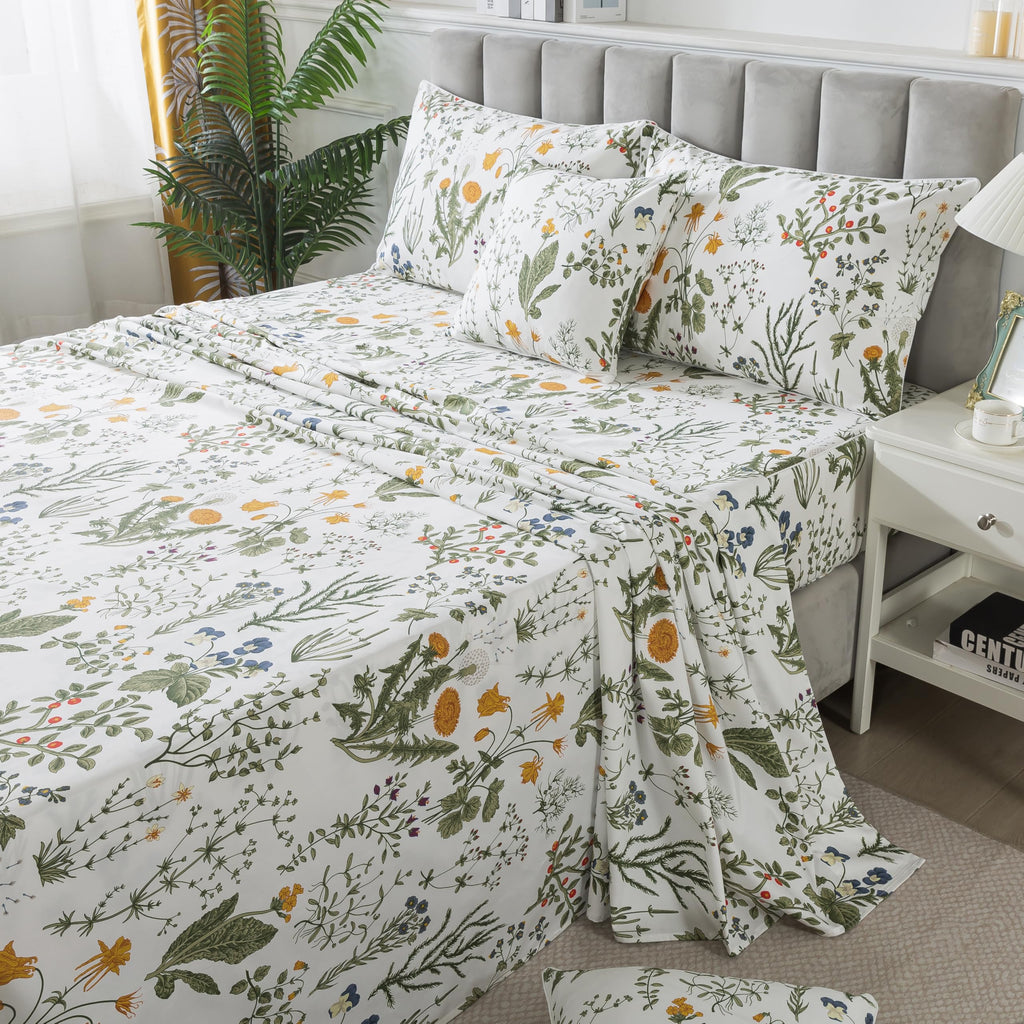 100% Egyptian Cotton Sheets Queen Botanical Printed Floral Sheets Yellow Flowers & Leaves Pattern Farmhouse Bedding