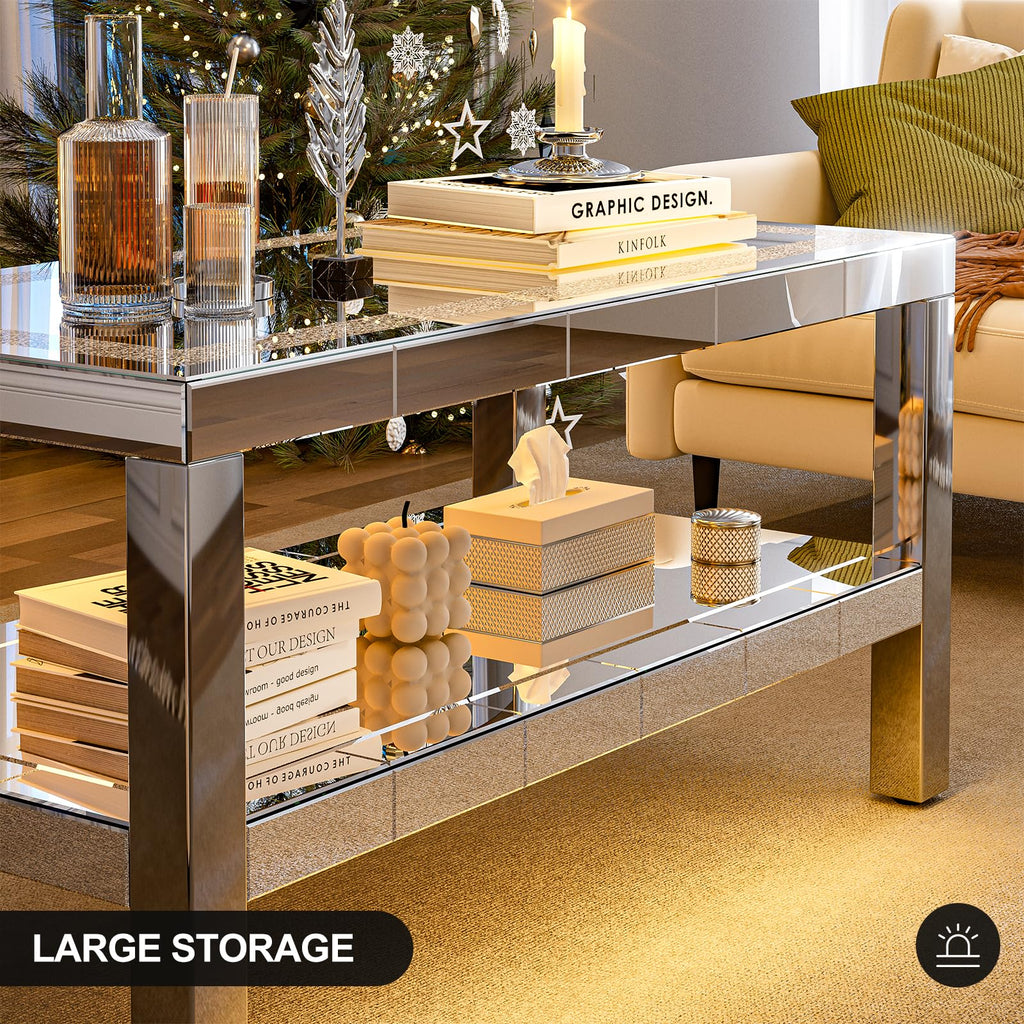 Mirrored Coffee Table with 2 Tiers Storage & LED Light