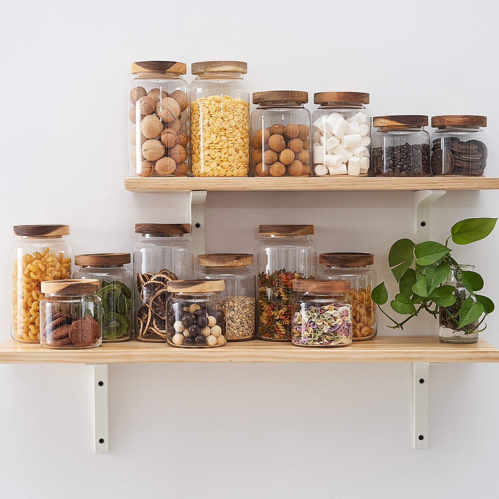3pcs(28oz X 3) Clear Glass Food Jars/Canisters with Airtight Seal Acacia Wood Lids /Bathroom/Pantry Storage, Serving