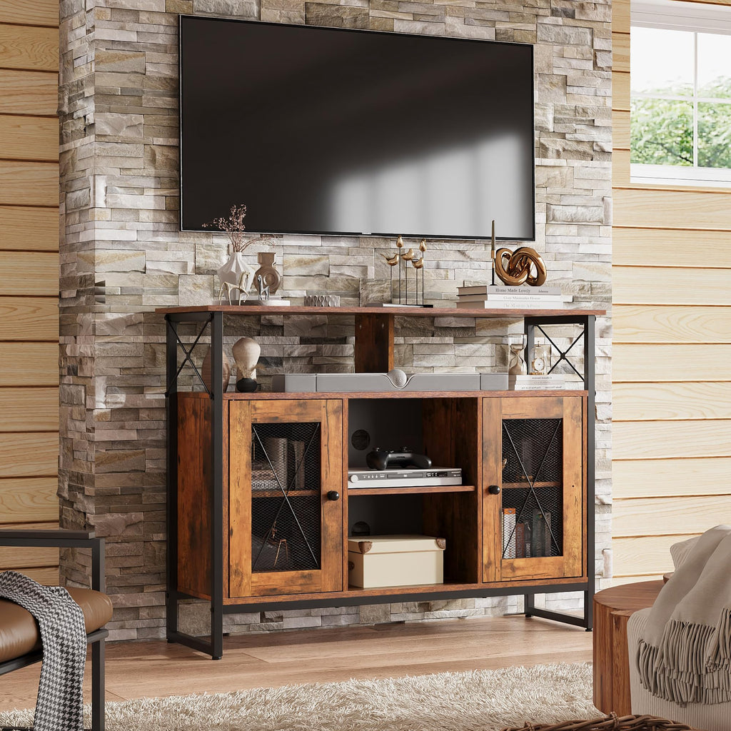 TV Stand for 43 Inch TV, Small Entertainment Center with Storage Cabinet & Adjustable Shelves, Farmhouse Industrial