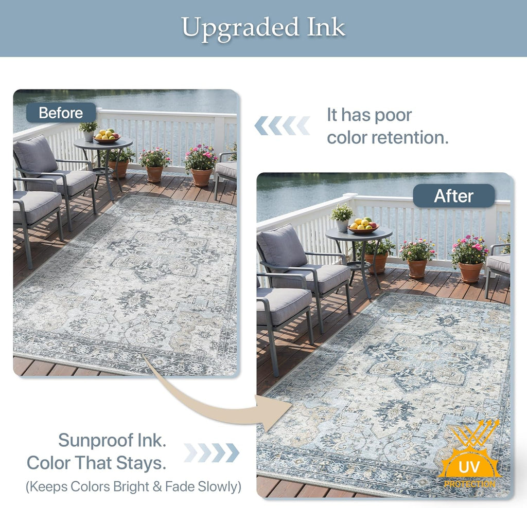 Outdoor & Indoor Area Rug 5'x8', Waterproof, Non-Shedding, Easy Cleaning, Boho Mat for Patio, Living