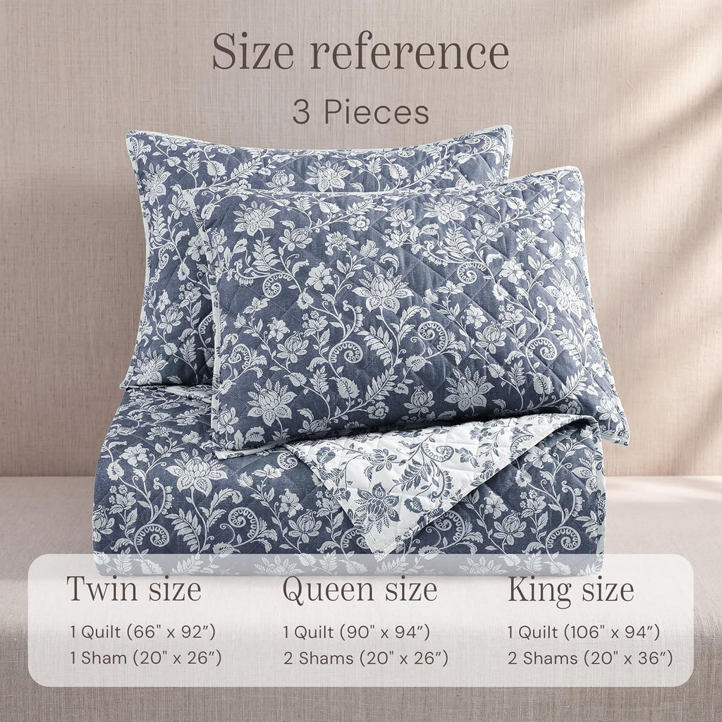 Quilt Set Queen, Oxford Blue Floral Quilt Sets, Reversible Bedspread Lightweight and Breathable for All Seasons, Soft
