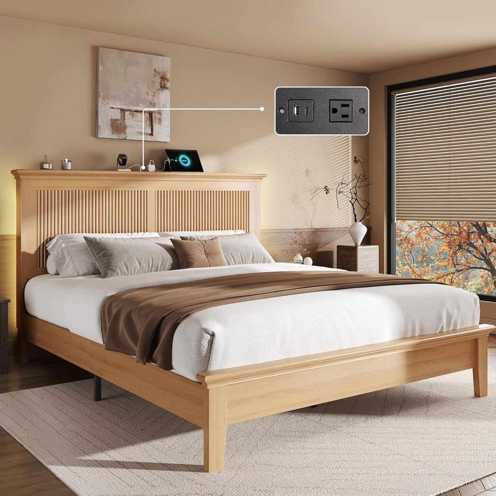 Wood Queen Bed, Solid Wood Bed with Tall Headboard, American Vintage Design, Queen Bed with Charging Station & RGB