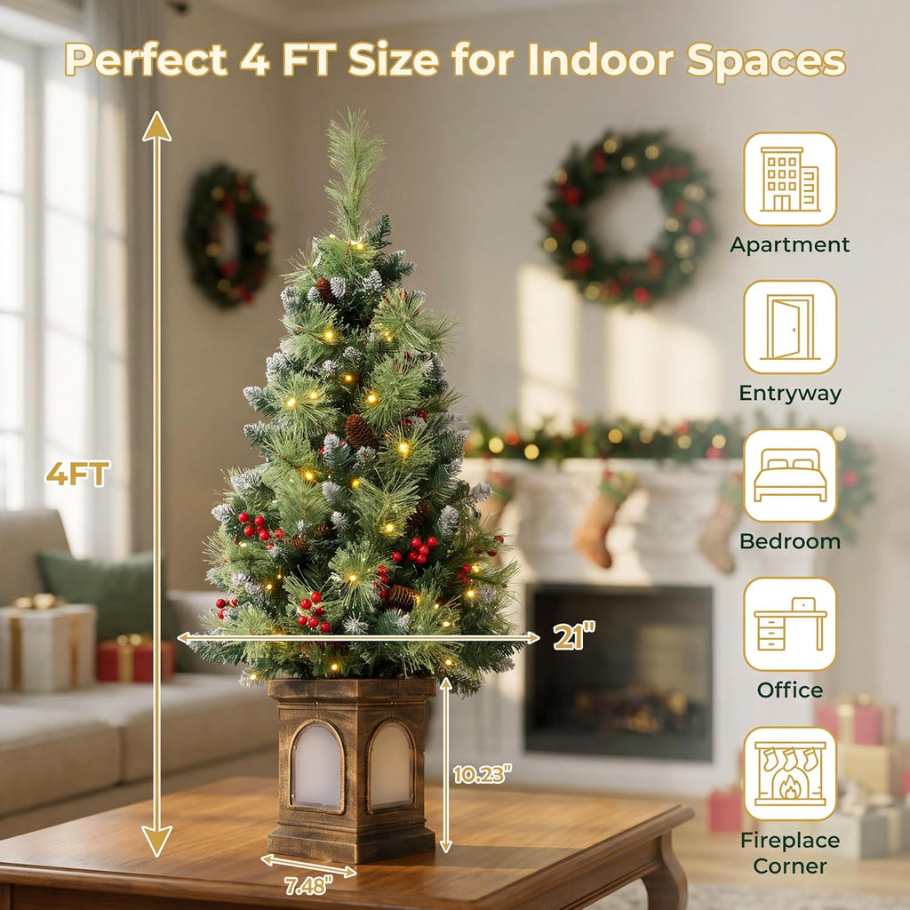 4 FT Pre-Lit Artificial Christmas Tree with Lantern-Style Base
