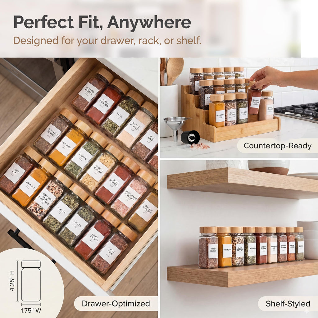 Glass Spice Jars with Label, 24PK Bamboo Jar Spices Set 4oz, 374 Spice Labels, Pepper Grinder, Empty Herb Seasoning
