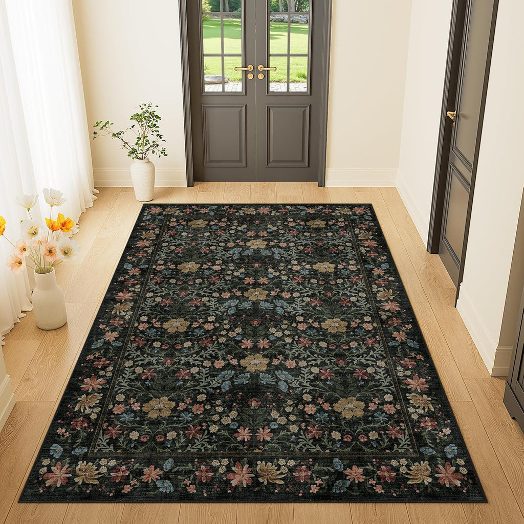 3x5 Area Rug, Vintage Floral Washable Rug for Bedroom with Non Slip Design, Soft Low Pile Indoor Sma