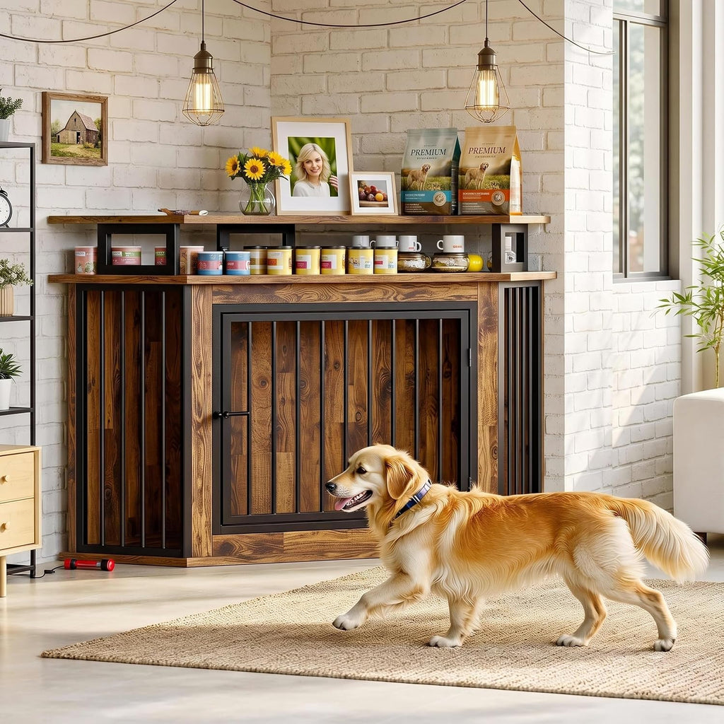 Large Corner Dog Crate Furniture with 2-Tier Storage Shelves