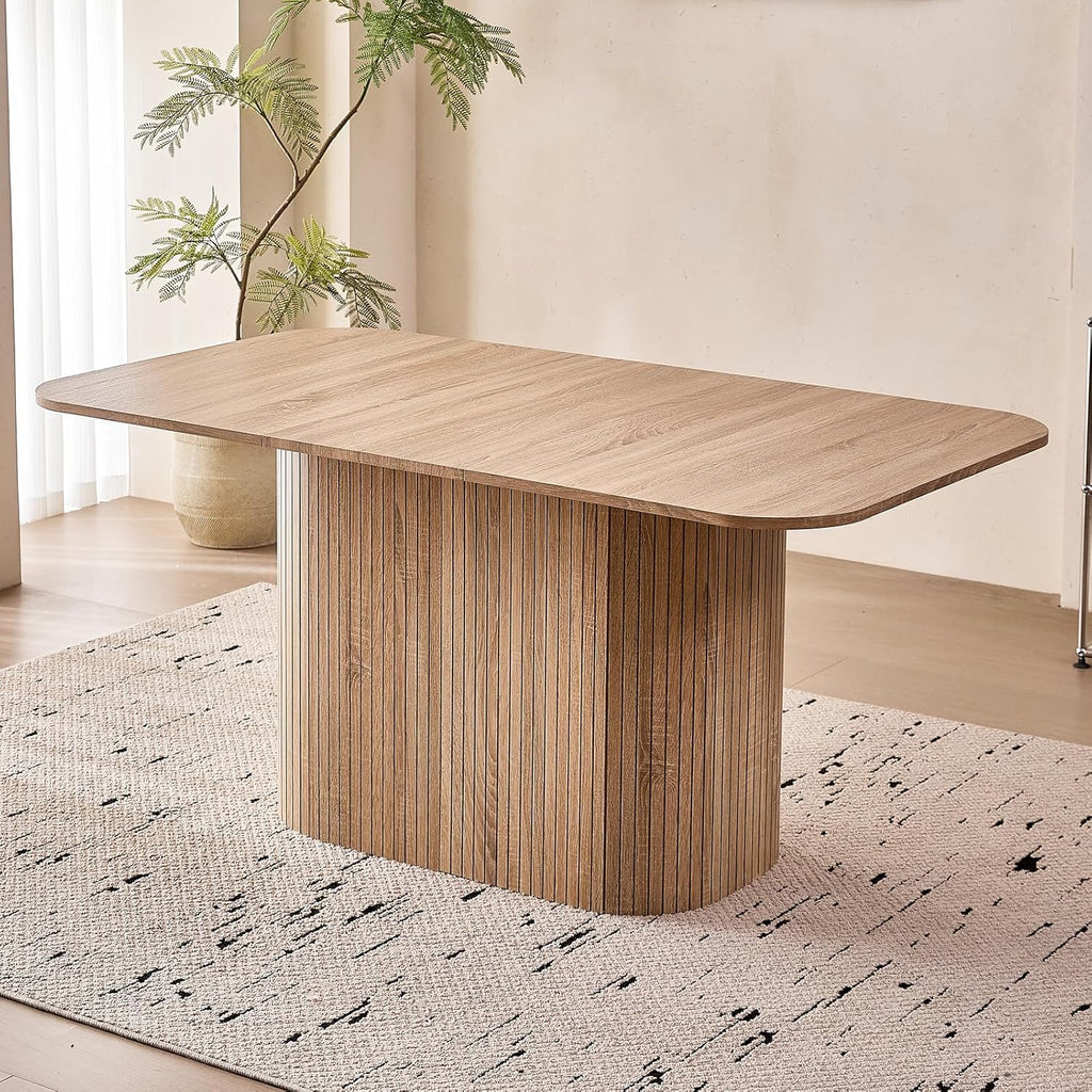 Large 63" Large Dining Table for 4 6, [Rounded Corners] [Grooved Pedestal Base] Modern Rectangle Kitchen Dinner
